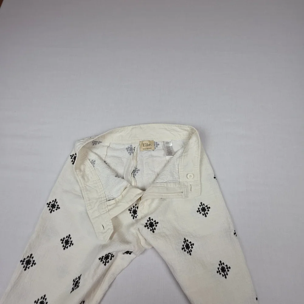 Elie Tahari Linen Blend Wide Leg Pants Womens 4 Embroidered  White Black